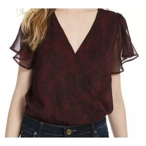 ASH & VIOLET Women's Top Red Size Large Bodysuit Surplice Flutter Sleeve